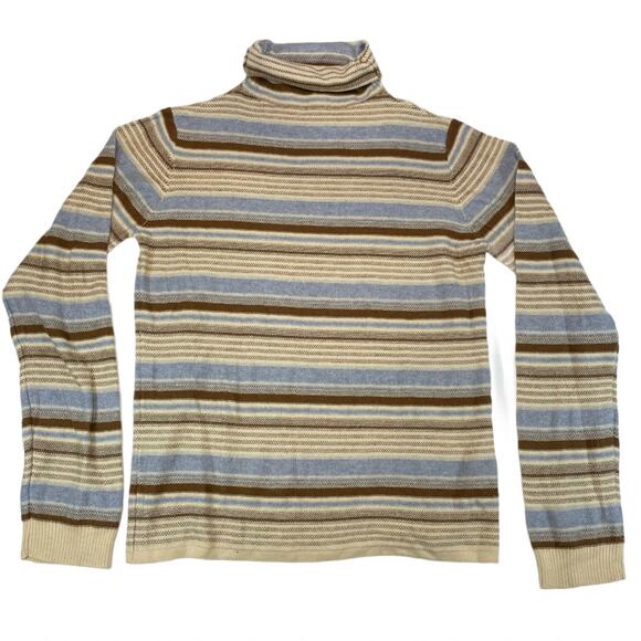 Hem & Thread Striped Turtleneck Sweater Women's L Soft Knit Brown Blue Cream - Picture 1 of 7